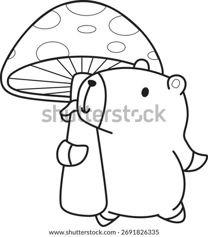 Coloring book of cute capybara character vector clip art for children.  Outline of capybara bring a mushroom