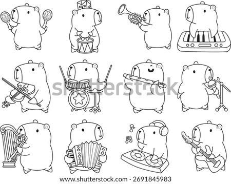 Coloring book of cute capybara character vector clip art for children.  Outline of capybara in the variation of instrument and music