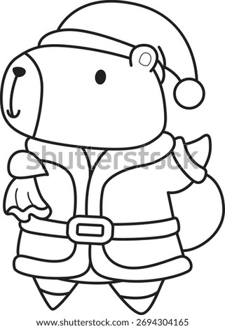 Coloring book of cute capybara character clip art for childrenwith christmas theme. Outline of santa Capybara with a buck of gift