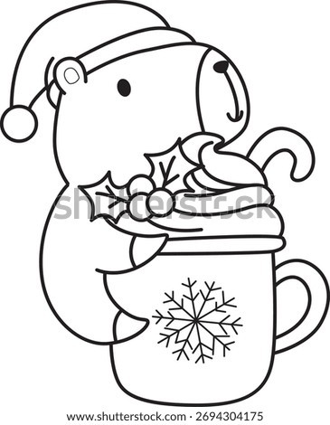 Coloring book of cute capybara character clip art for childrenwith christmas theme. Outline of santa Capybara with hot chocolate