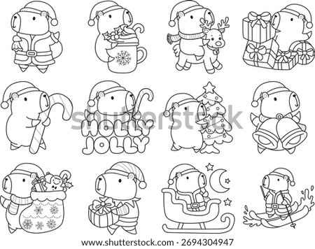 Coloring book of cute capybara character clip art for childrenwith christmas theme. Outline of santa Capybara in the variation of christmas party
