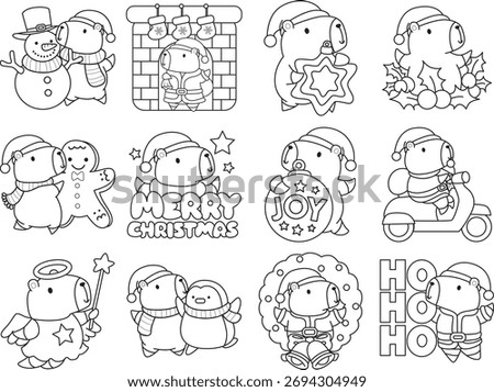 Coloring book of cute capybara character clip art for childrenwith christmas theme. Outline of santa Capybara in the variation of merry christmas