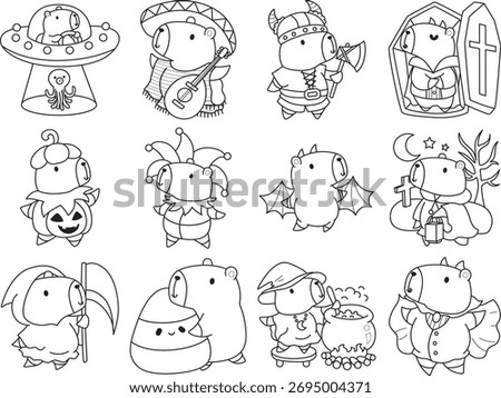 Coloring book of cute capybara character clip art for children with halloween theme. Outline of Capybara in the variation of Halloween party
