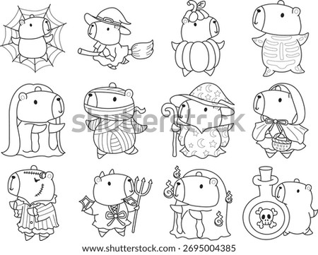 Coloring book of cute capybara character clip art for children with halloween theme. Outline of halloween Capybara in the variation of Halloween costume 

