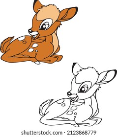 coloring book cute cartoon animal . Cute beautiful Mouse Deer sit. illustration for children
