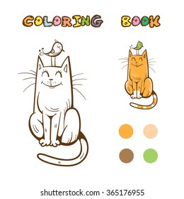 Coloring book with cute cartoon cat and bird. Vector image.