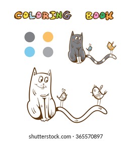 Coloring book with cute cartoon cat and birds. Vector image.