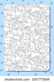Coloring book with cute cartoon dogs. Different breeds. Background with paws. Vertical portrait  orientation. Vector.