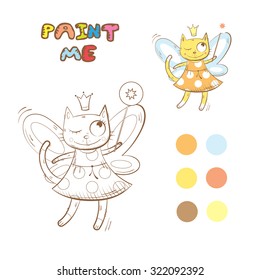 Coloring book with cute cartoon fairy cat.
