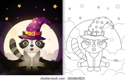 coloring book with a cute cartoon halloween witch raccoon front the moon