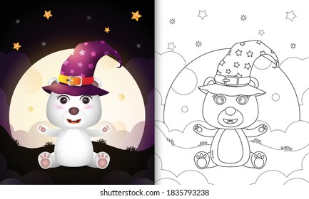 coloring book with a cute cartoon halloween witch polar bear front the moon