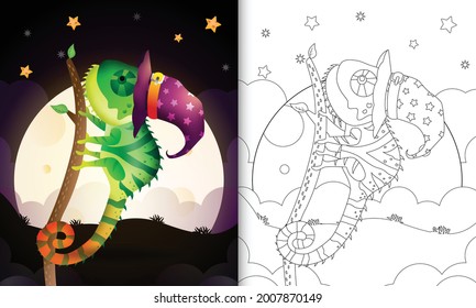 coloring book with a cute cartoon halloween witch chameleon front the moon