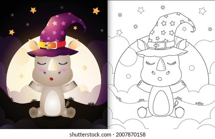 coloring book with a cute cartoon halloween witch rhino front the moon