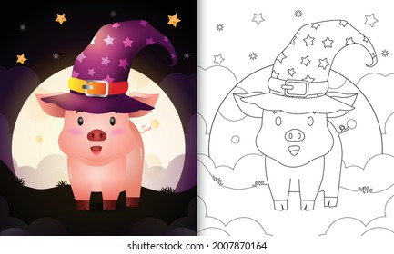 coloring book with a cute cartoon halloween witch pig front the moon
