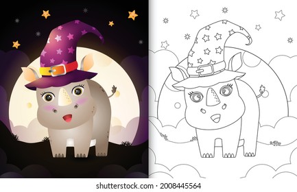 coloring book with a cute cartoon halloween witch rhino front the moon