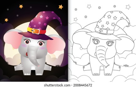 coloring book with a cute cartoon halloween witch elephant front the moon