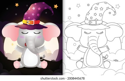 coloring book with a cute cartoon halloween witch elephant front the moon