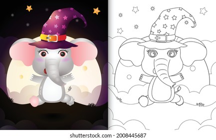 coloring book with a cute cartoon halloween witch elephant front the moon