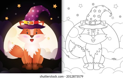 coloring book with a cute cartoon halloween witch fox front the moon