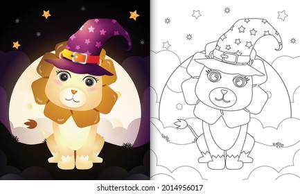 coloring book with a cute cartoon halloween witch lion front the moon