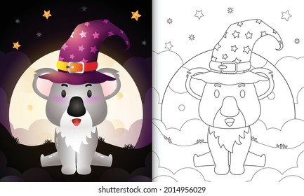 coloring book with a cute cartoon halloween witch koala front the moon
