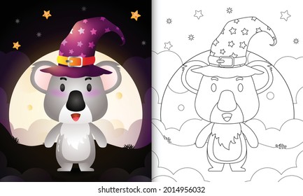 coloring book with a cute cartoon halloween witch koala front the moon