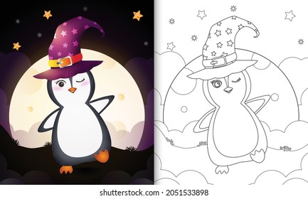 coloring book with a cute cartoon halloween witch penguin front the moon