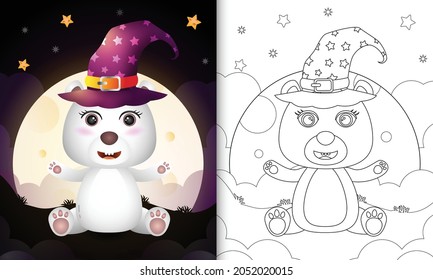 coloring book with a cute cartoon halloween witch polar bear front the moon