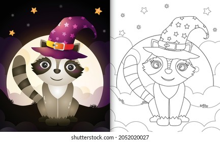 coloring book with a cute cartoon halloween witch raccoon front the moon