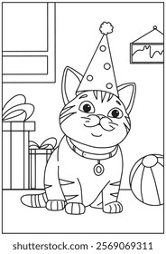 Coloring book cute cat birthday act illustration 