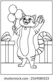 Coloring book cute cat bring balloon and gift box