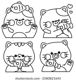 Coloring book.Set of cute cat with fish in various poses.Meow.Kitten.Pet animal character cartoon.Painting book for kid.School.Page.Kawaii.Vector.Illustration.