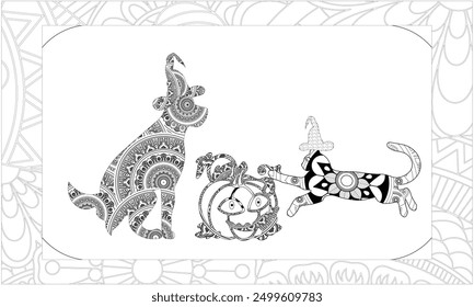 Coloring book. Cute cat with Halloween pumpkin. Elegant pug dog in tuxedo and bowler hat. Line art design for adult or kids colouring page in zentangle style. Vector illustration.