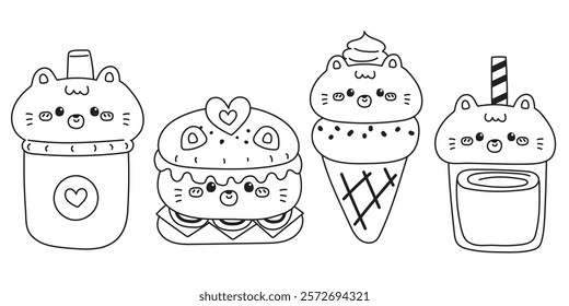 Coloring book.Set of cute cat meow face in food concept.Fastfood.Hamburger,fresh fried,ice cream,drink.Pet animal character cartoon.Painting book forkid.School.Page.Kawaii.Vector.Illustration.