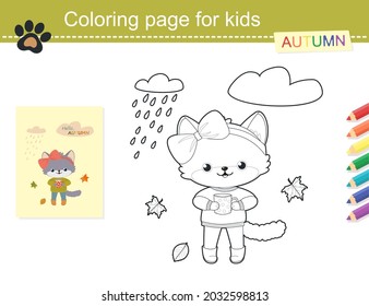 Coloring book cute cat with mug. Cartoon flat style. Vector illustration