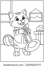 Coloring book cute cat play saxophone music instrument 