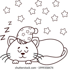coloring book cute cat sleeping in a hat and stars flying nearby on a transparent background