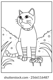 Coloring book cute cat standing in garden 