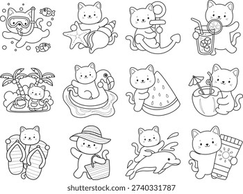coloring book, cute cat summer vacation.