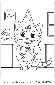 Coloring book cute cat wearing cute magical hat 