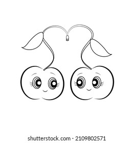 Libro de colorear con mitades de cerezo lindas Esbozo ilustración aislado en fondo blanco. una línea. Libro de Colores para niños y adultos. Imprimir para camisetas, taza, vector de ropa para niños