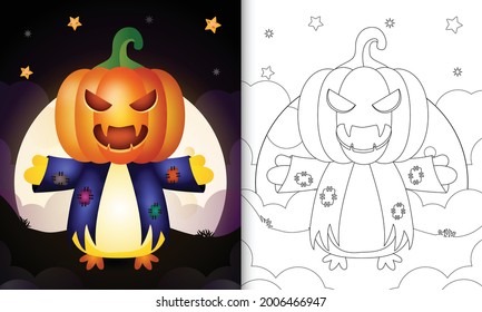 Coloring Book With A Cute Chick Using Costume Scarecrow And Pumpkin Halloween