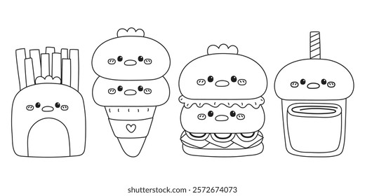 Coloring book.Set of cute chicken and hen face in food concept.Fastfood.Hamburger,fresh fried,ice cream,drink.Farm bird animal character cartoon.Painting book forkid.School.Page.Kawaii.Vector.