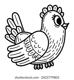 Coloring book cute chicken sketch. Farm bird, animal. Hand drawn vector illustration.