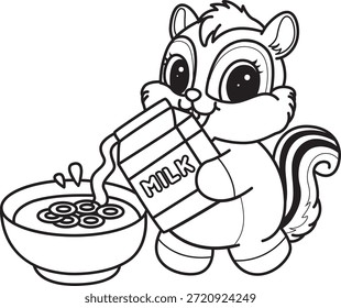 Libro para colorear del icono de la etiqueta engomada de la ardilla linda. Esquema de la ardilla vertiendo una leche en un tazón de cereal