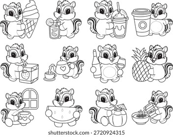 Coloring book of Cute Chipmunk sticker icon. Outline of Chipmunk with variation of drink and beverage