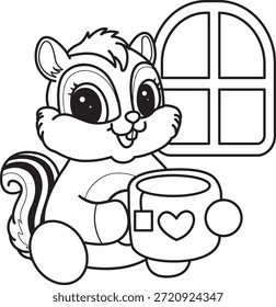 Libro para colorear del icono de la etiqueta engomada de la ardilla linda. Esquema de Chipmunk disfrutar con té caliente