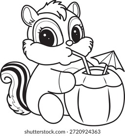 Coloring book of Cute Chipmunk sticker icon. Outline of Chipmunk drinking a coconut drink