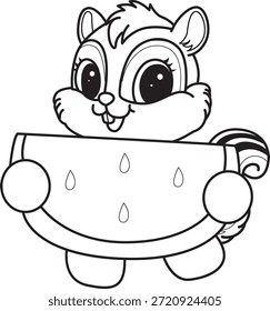 Coloring book of Cute Chipmunk sticker icon. Outline of Chipmunk bring a watermelon 