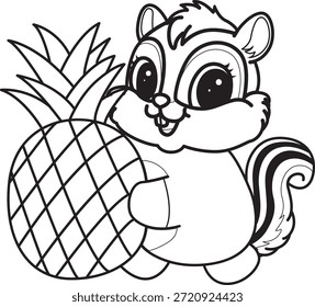 Livro de colorir de ícone de etiqueta Chipmunk bonito. Contorno de Chipmunk trazer um abacaxi